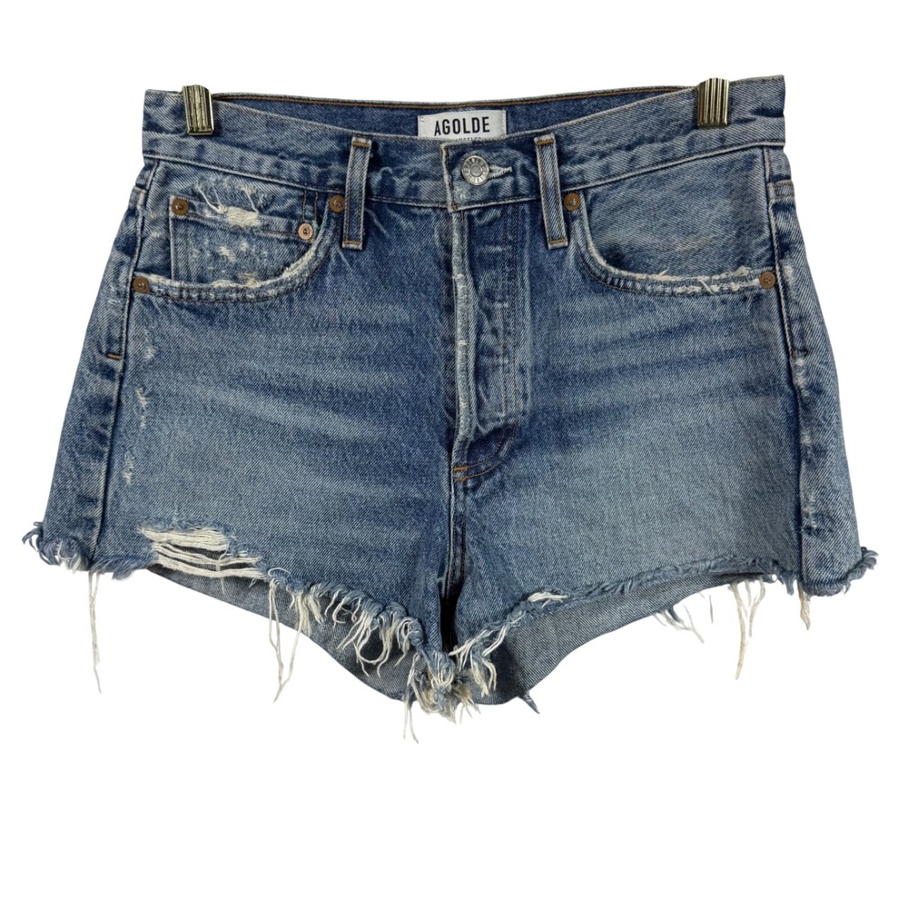 AGOLDE Parker High Rise Distressed Denim Shorts Medium Wash Blue Size 25